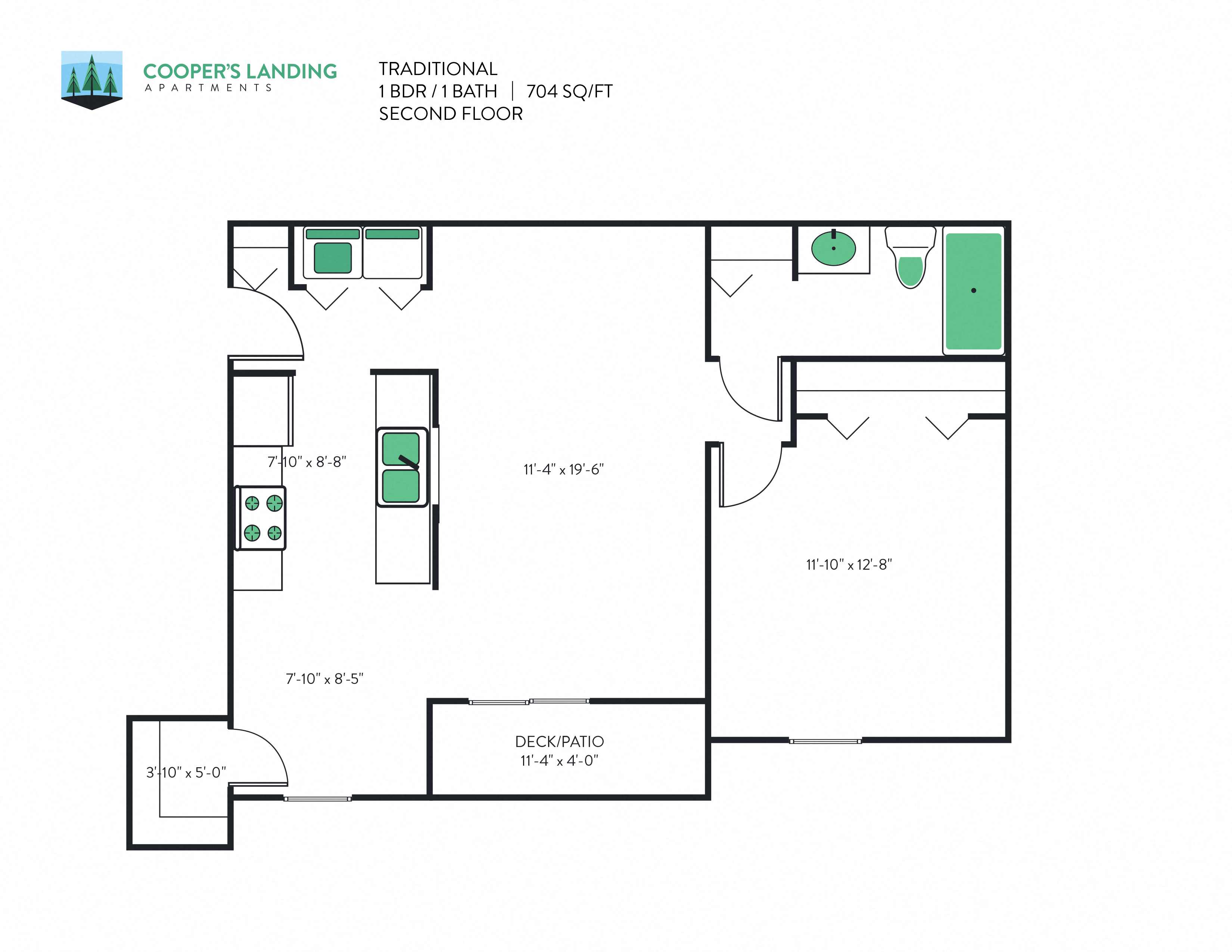 Floor plan for 1 bed, 1 bath, 704 sqft